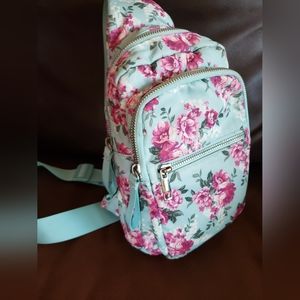 Pink Floral sling crossbody bag Pink Flowers, Baby Blue